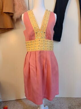Sleeveless Pink Cocktail Dress with Gold Embellished Trim